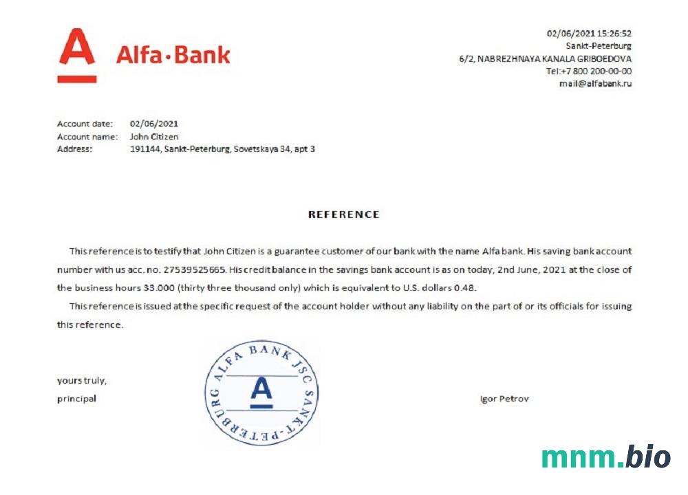 Przykład referencyjny Rosji Alfa bank w formatach Word i PDF
